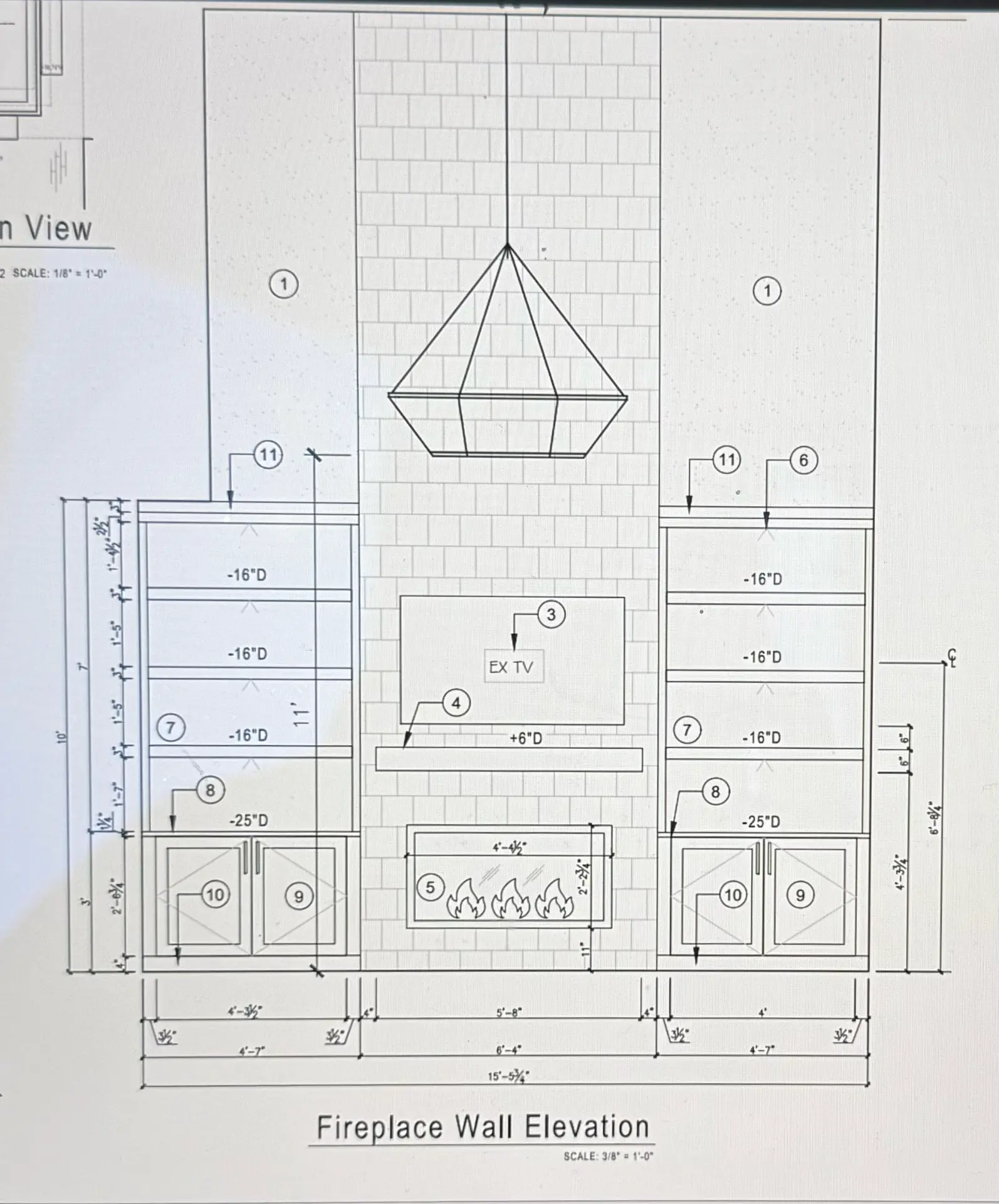 Architectural elevation drawing of the fireplace wall before construction